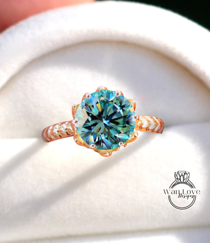 Anello di fidanzamento Moissanite blu a taglio rotondo Anello di fidanzamento vintage con fiore di loto Anello con foglia naturale per donna Anello nuziale unico Regalo di anniversario