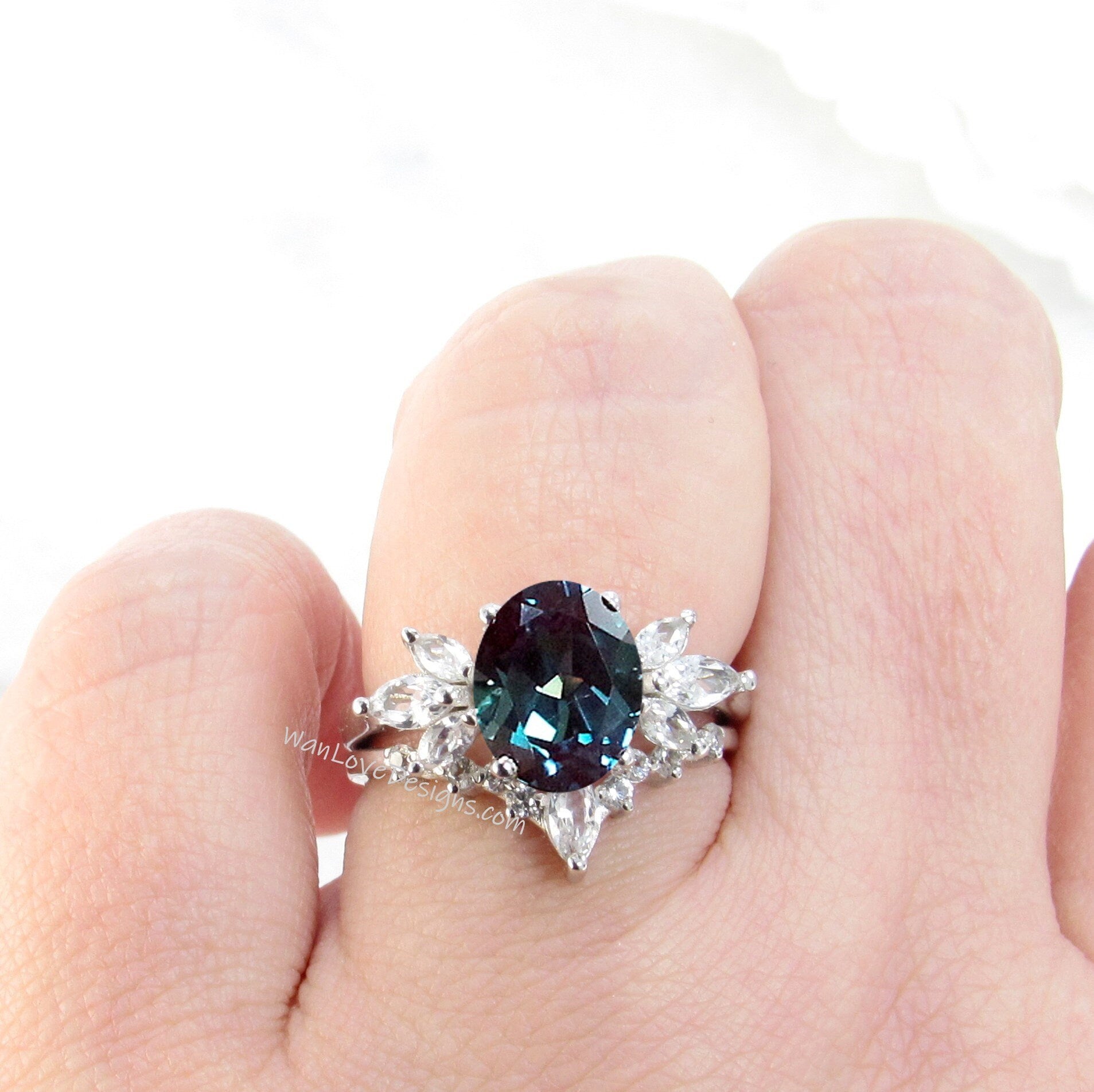 Oval Alexandrite Engagement Ring vintage Unique Marquise cut Moissanite Cluster ring Rose gold ring Bridal ring Band Set Anniversary gift Wan Love Designs