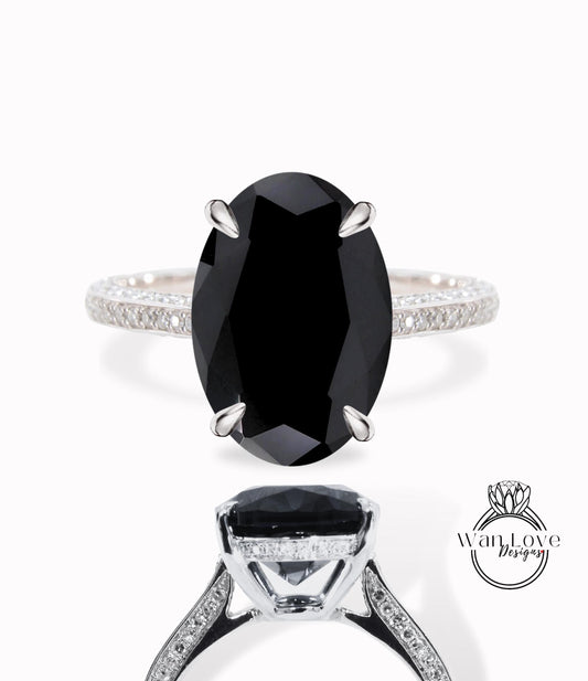 Oval Black Moissanite Engagement Ring Celebrity style Ring Vintage Diamonds Side Hidden Halo Wedding Ring Art Deco Anniversary Gift for her Wan Love Designs