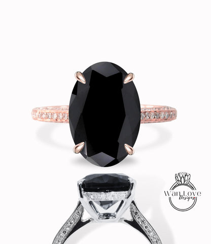 Oval Black Spinel Engagement Ring Celebrity style Ring Vintage Diamonds Side Hidden Halo Wedding Ring Art Deco Anniversary Gift for her Wan Love Designs