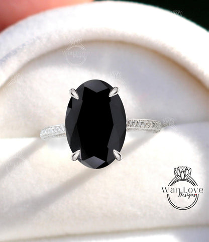 Oval Black Spinel Engagement Ring Celebrity style Ring Vintage Diamonds Side Hidden Halo Wedding Ring Art Deco Anniversary Gift for her Wan Love Designs