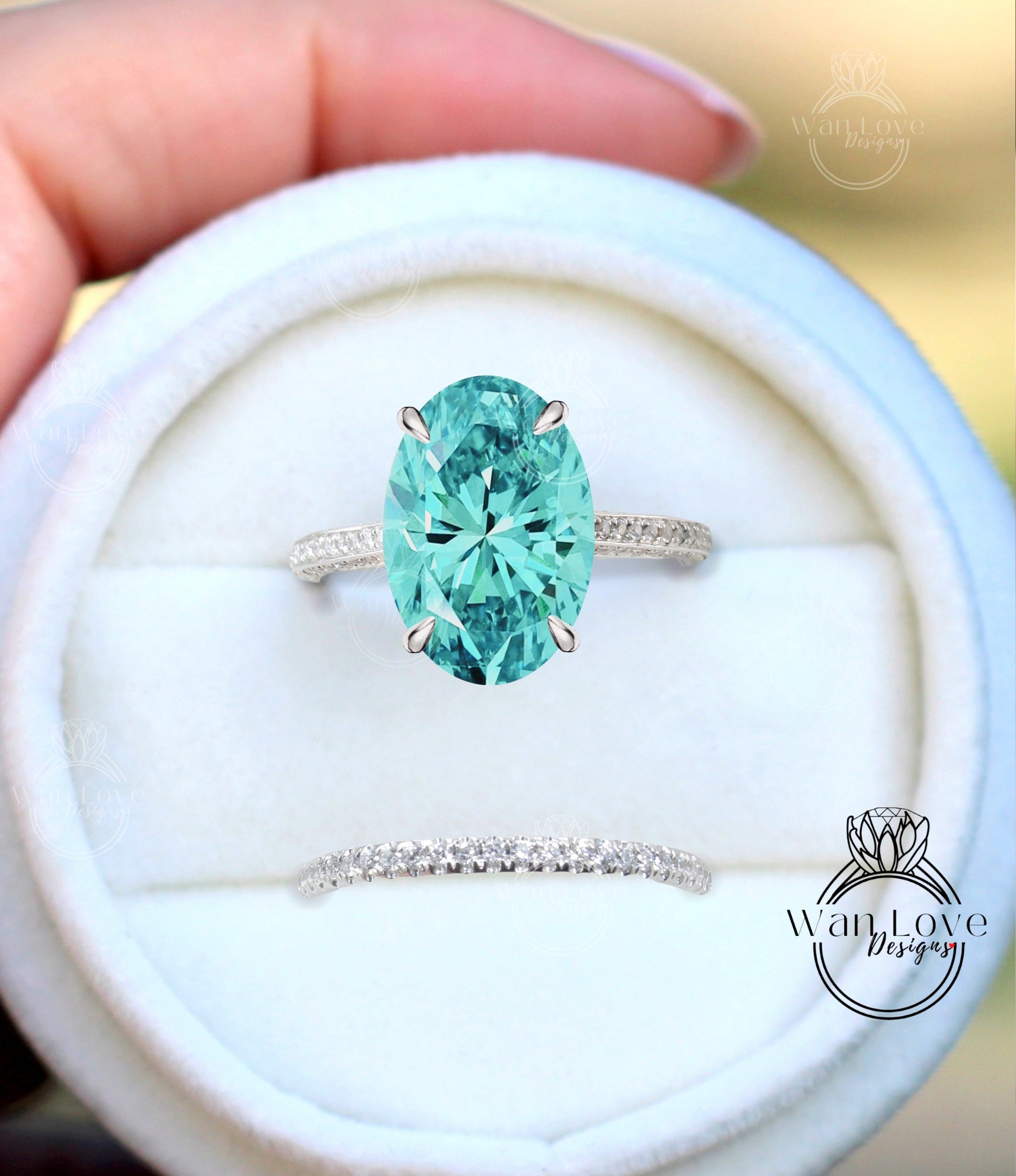 Oval Blue Green Moissanite engagement ring set Celebrity style bridal set rose gold Oval cut diamond side halo antique wedding ring Anniversary ring Wan Love Designs