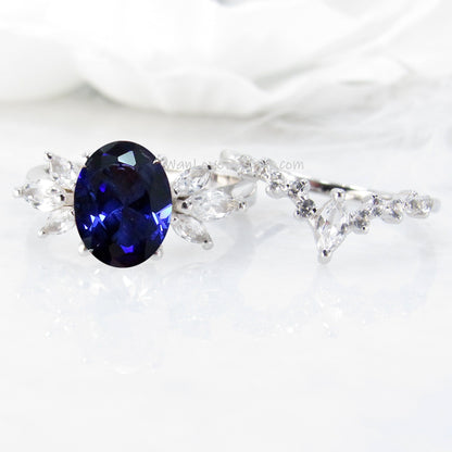 Oval Blue Sapphire Engagement Ring set vintage Unique Marquise cut diamond Cluster ring Rose gold ring Bridal ring Band Set Anniversary gift Wan Love Designs