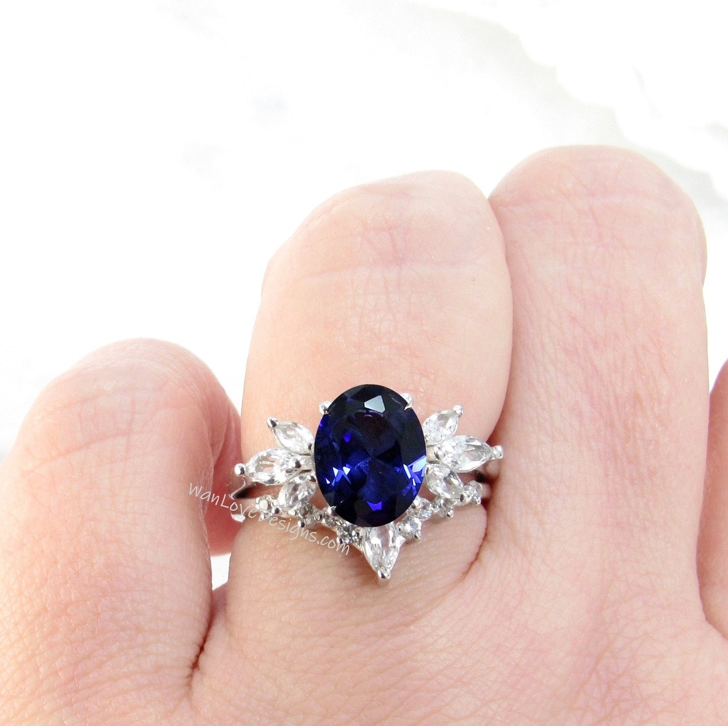 Oval Blue Sapphire Engagement Ring set vintage Unique Marquise cut diamond Cluster ring Rose gold ring Bridal ring Band Set Anniversary gift Wan Love Designs