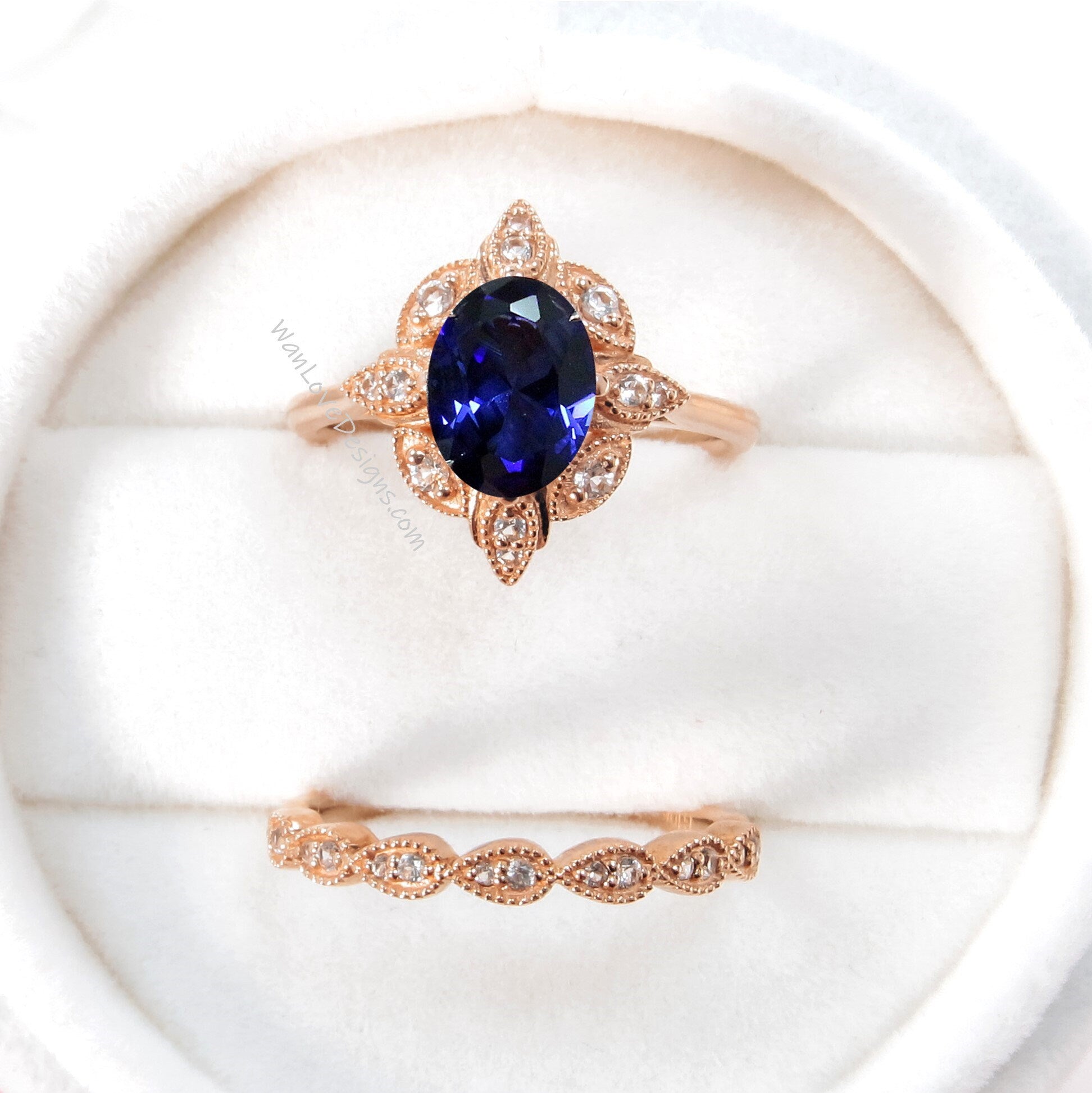 Oval Blue Sapphire engagement ring set Rose gold Halo vintage engagement ring Pear Half eternity Diamond ring Bridal Anniversary gift Wan Love Designs