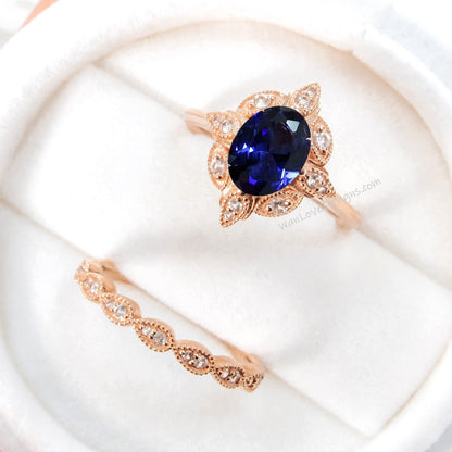 Oval Blue Sapphire engagement ring set Rose gold Halo vintage engagement ring Pear Half eternity Diamond ring Bridal Anniversary gift Wan Love Designs