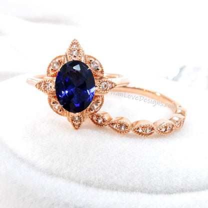 Oval Blue Sapphire engagement ring set Rose gold Halo vintage engagement ring Pear Half eternity Diamond ring Bridal Anniversary gift Wan Love Designs