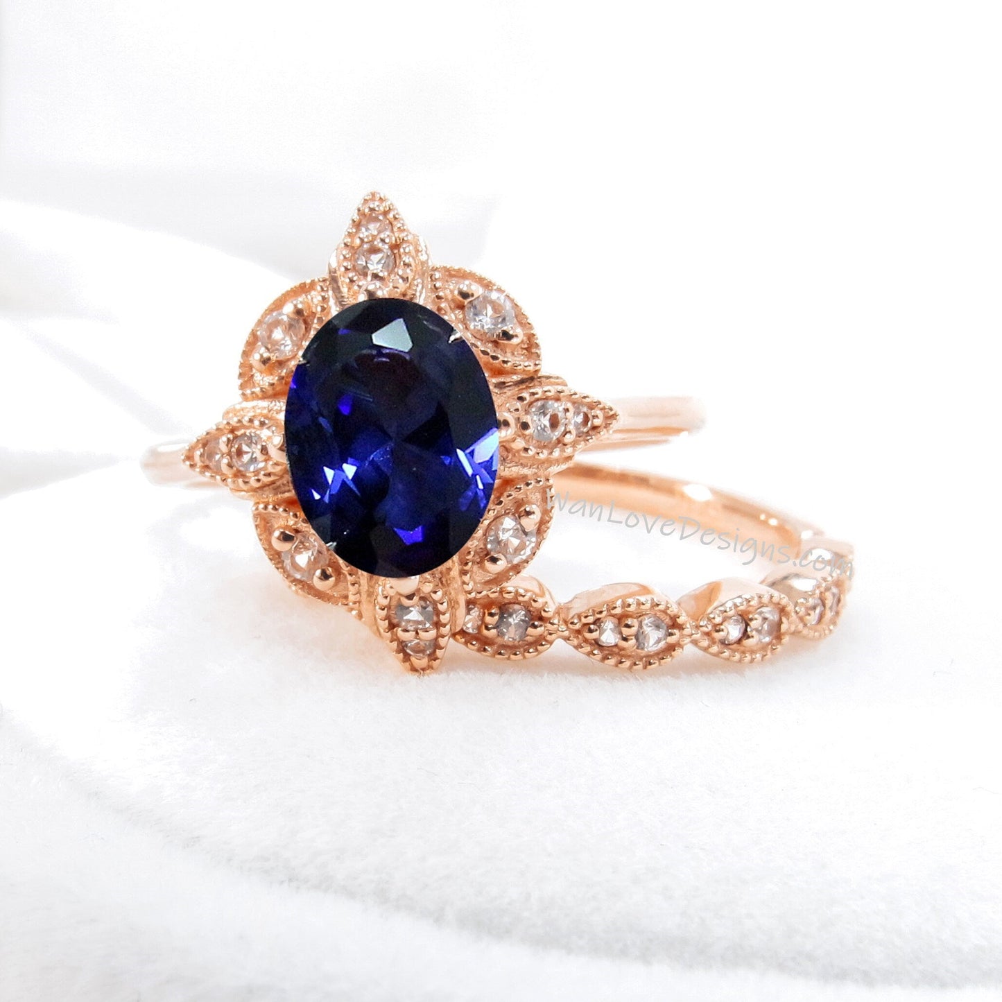 Oval Blue Sapphire engagement ring set Rose gold Halo vintage engagement ring Pear Half eternity Diamond ring Bridal Anniversary gift Wan Love Designs