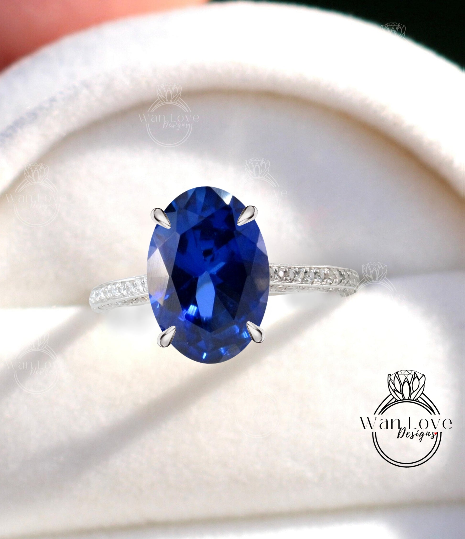 Oval Cut Blue Sapphire Engagement Ring in 14k/18k Rose White Gold, Elongated Oval Diamond Ring, Celebrity Oval Engagement Ring, 3 sided Bridal Band Ring Wan Love Designs