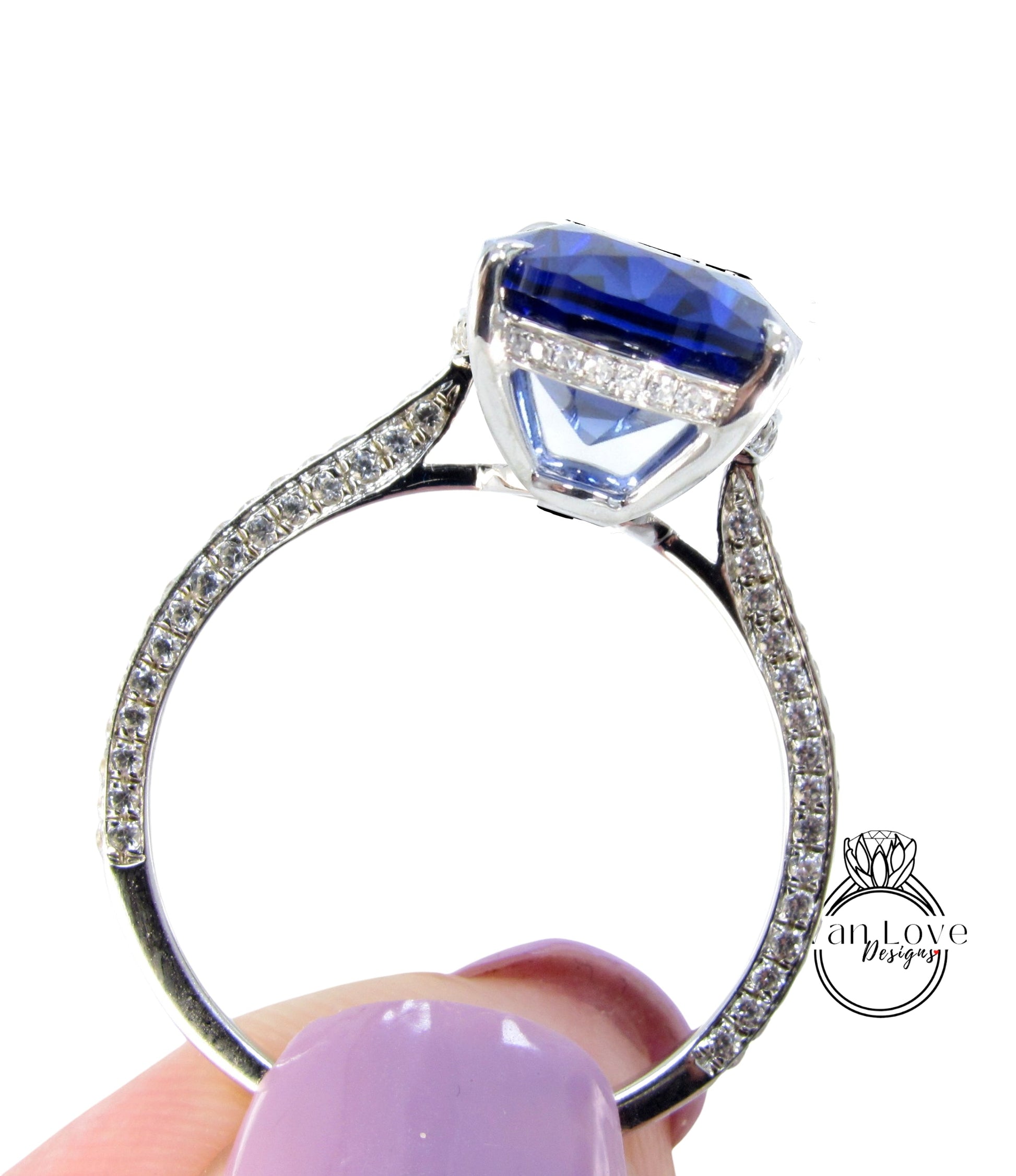 Oval Cut Blue Sapphire Engagement Ring in 14k/18k Rose White Gold, Elongated Oval Diamond Ring, Celebrity Oval Engagement Ring, 3 sided Bridal Band Ring Wan Love Designs