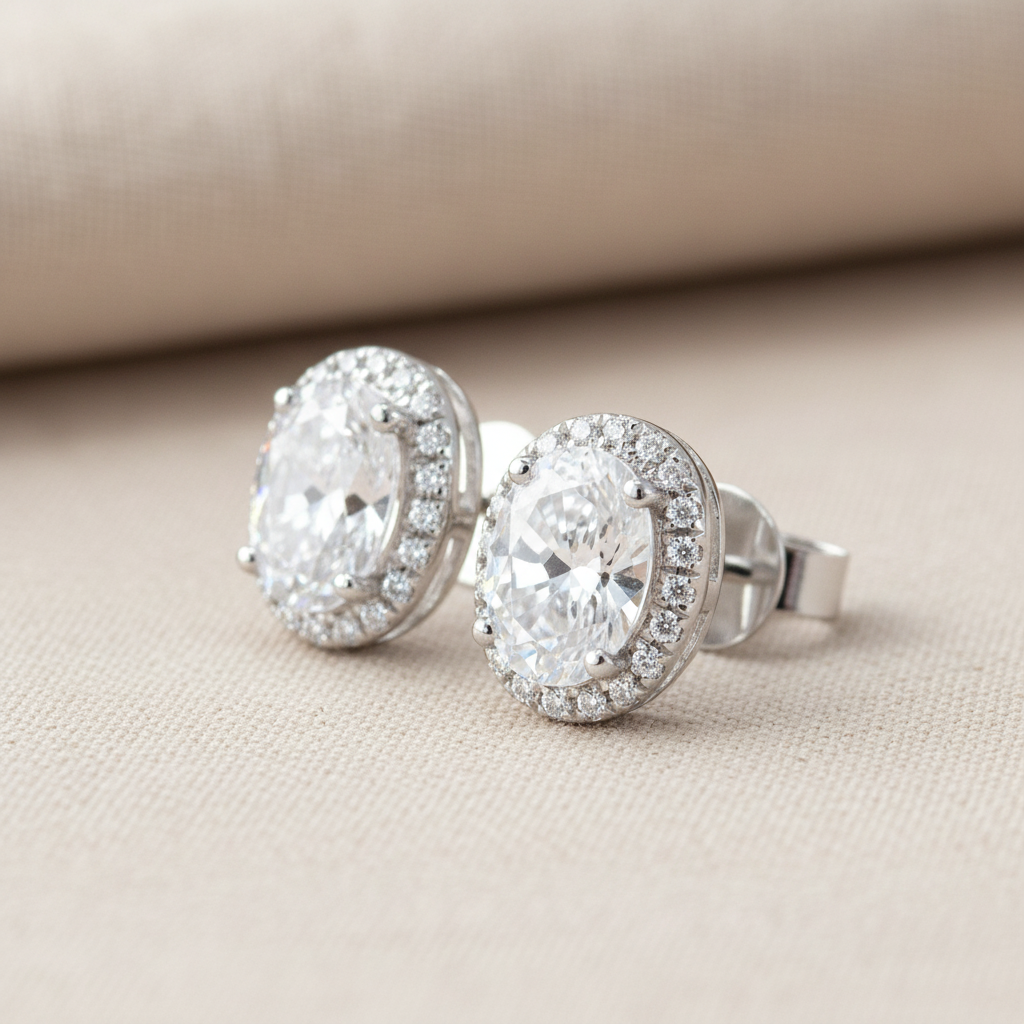 Oval Diamond Halo Earrings • Dainty Oval Cut Moissanite Stud Earrings • Minimalist Birthstone Earrings • Bridesmaid Earrings • Gift for Her