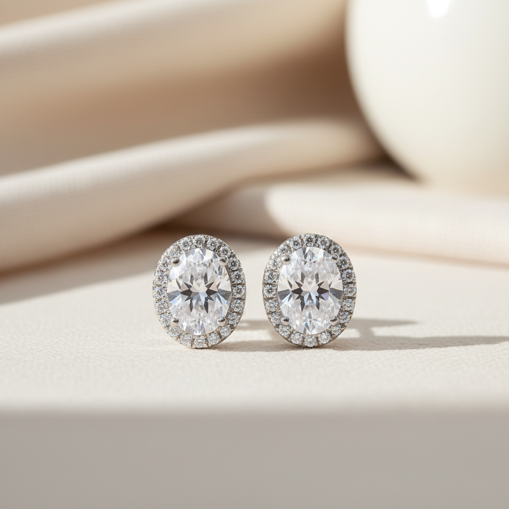 Oval Diamond Halo Earrings • Dainty Oval Cut Moissanite Stud Earrings • Minimalist Birthstone Earrings • Bridesmaid Earrings • Gift for Her