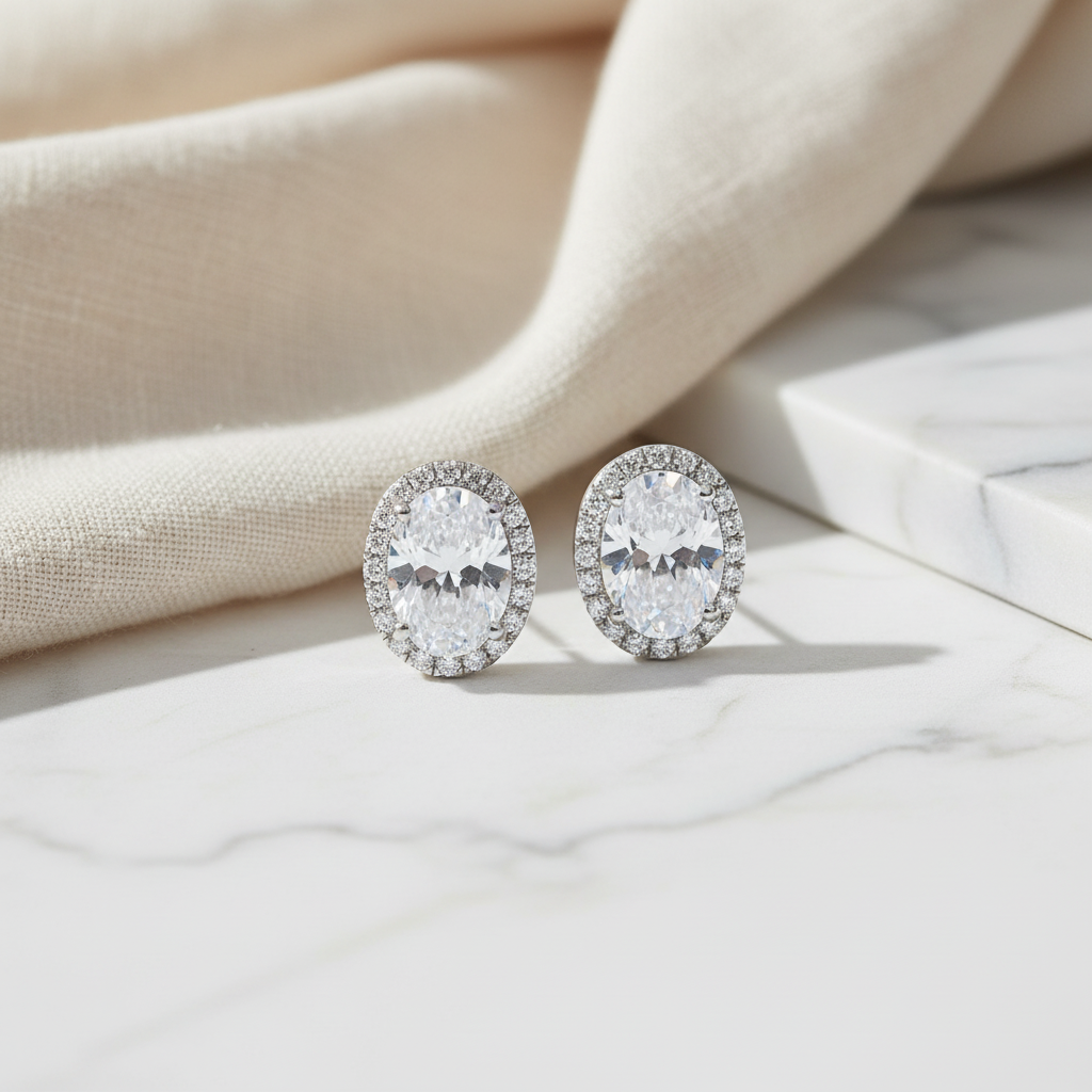 Oval Diamond Halo Earrings • Dainty Oval Cut Moissanite Stud Earrings • Minimalist Birthstone Earrings • Bridesmaid Earrings • Gift for Her