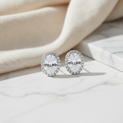 Oval Diamond Halo Earrings • Dainty Oval Cut Moissanite Stud Earrings • Minimalist Birthstone Earrings • Bridesmaid Earrings • Gift for Her