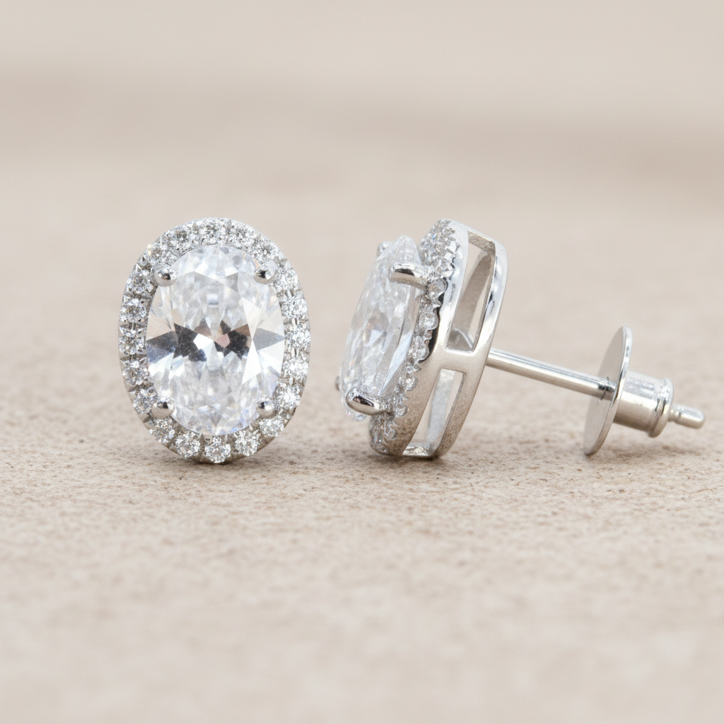 Oval Diamond Halo Earrings • Dainty Oval Cut Moissanite Stud Earrings • Minimalist Birthstone Earrings • Bridesmaid Earrings • Gift for Her