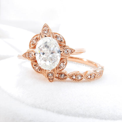 Oval Diamond engagement ring set Rose gold Halo vintage engagement ring Pear Half eternity Lab grown Diamond ring Bridal Anniversary gift Wan Love Designs