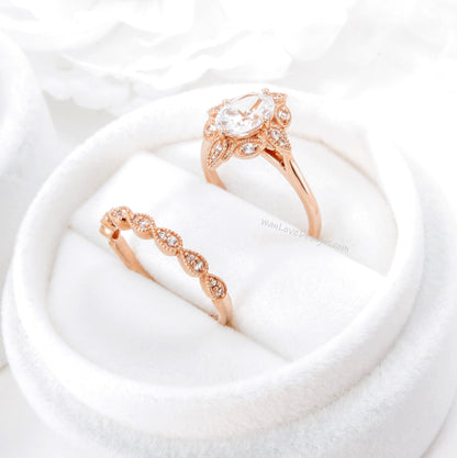 Oval Diamond engagement ring set Rose gold Halo vintage engagement ring Pear Half eternity Lab grown Diamond ring Bridal Anniversary gift Wan Love Designs