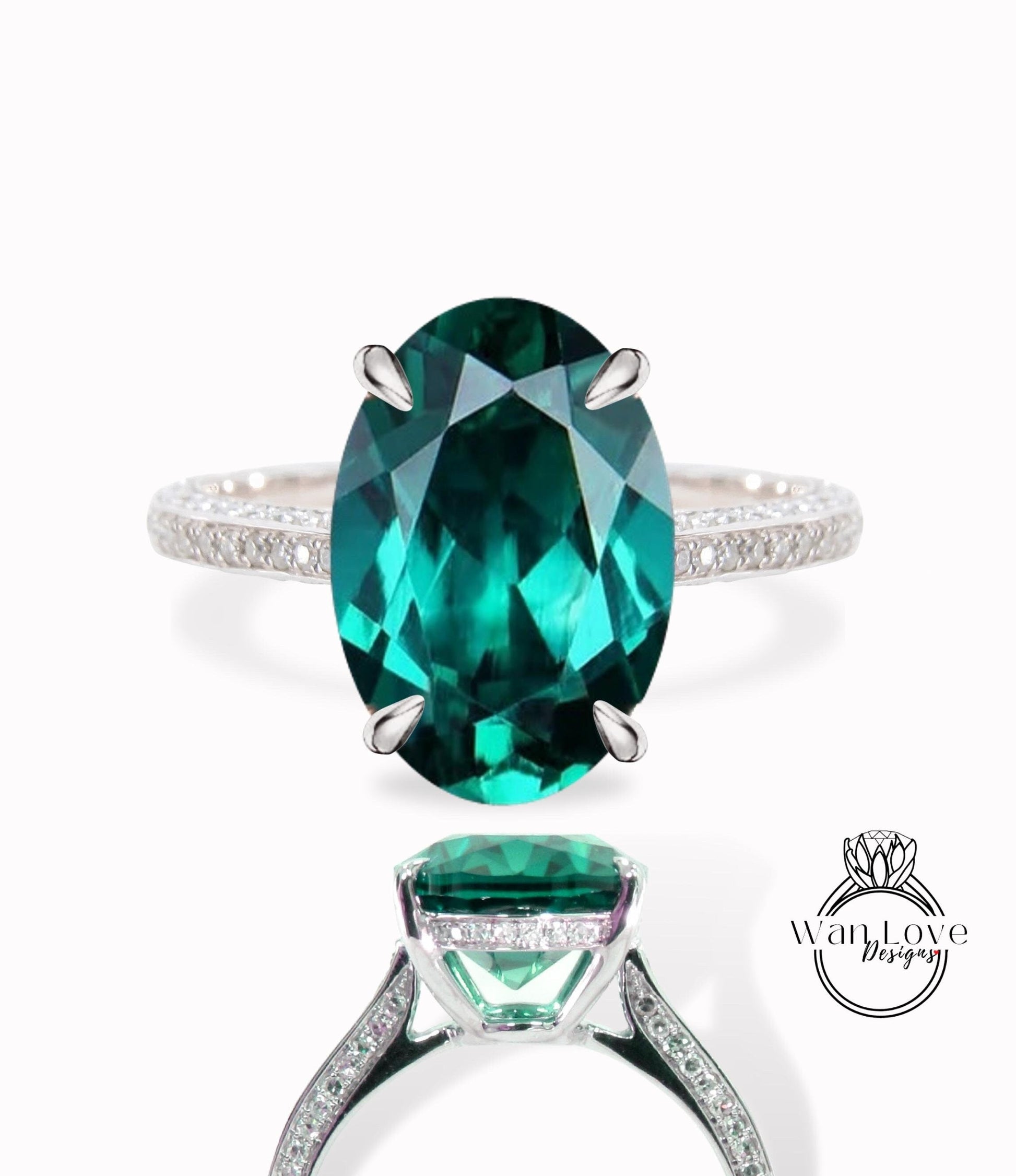 Oval Emerald Engagement Ring Celebrity style Ring Vintage Diamonds Side Hidden Halo Wedding Ring Art Deco Anniversary Gift for her Wan Love Designs