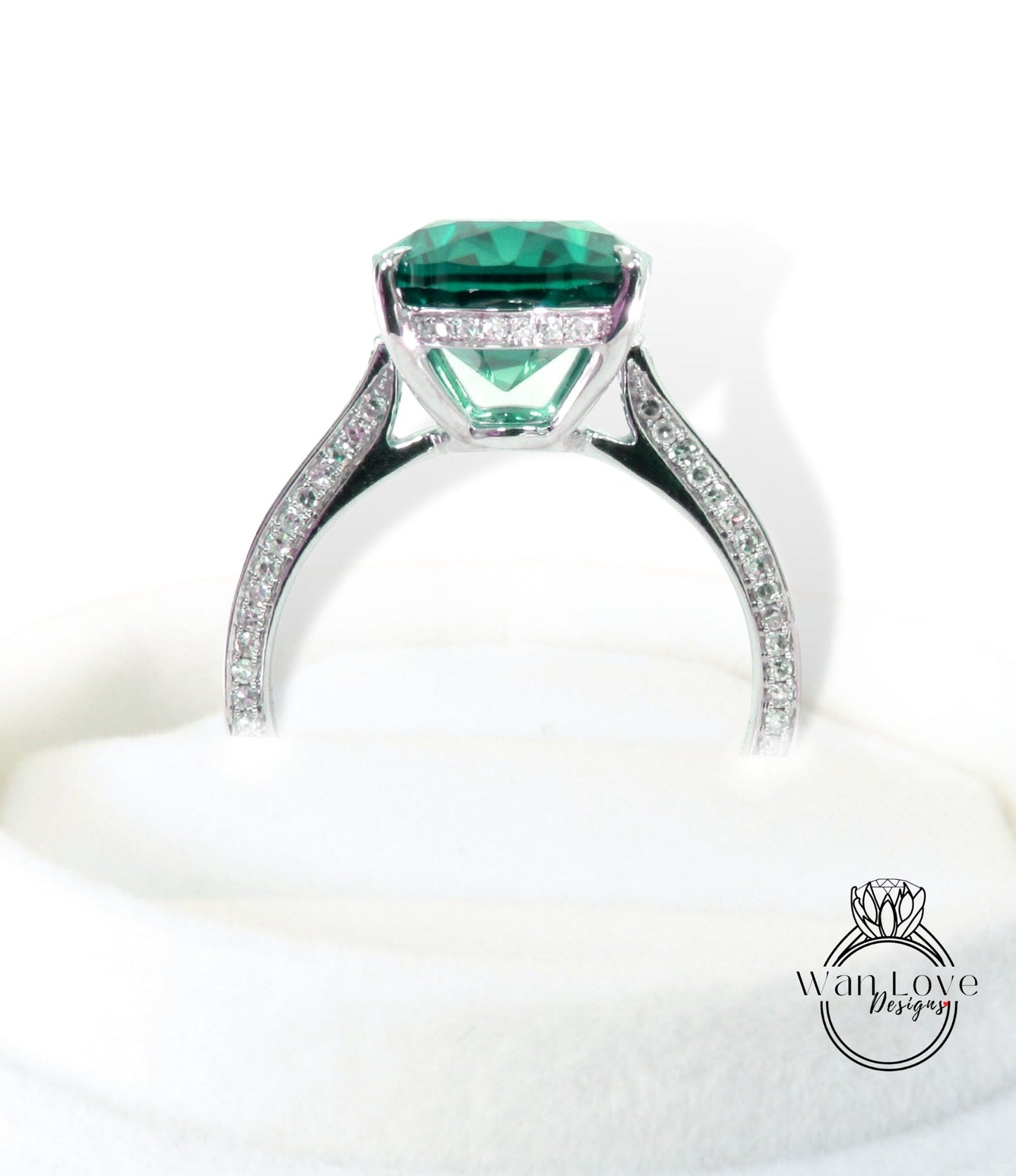 Oval Emerald Engagement Ring Celebrity style Ring Vintage Diamonds Side Hidden Halo Wedding Ring Art Deco Anniversary Gift for her Wan Love Designs