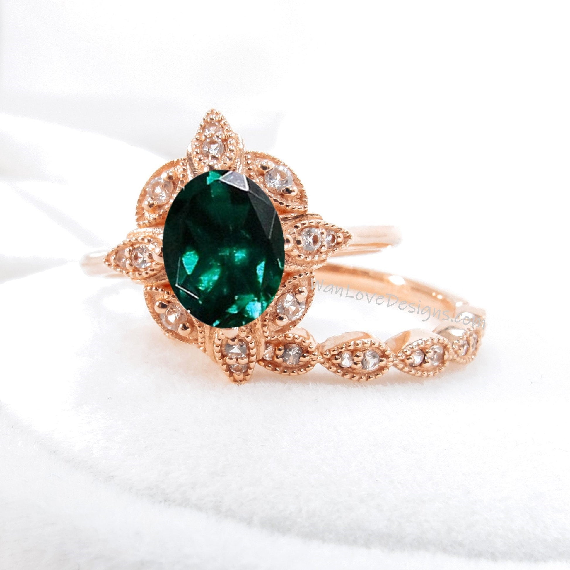 Oval Emerald engagement ring set Rose gold Halo vintage engagement ring Pear Half eternity Diamond ring Bridal Anniversary gift Wan Love Designs