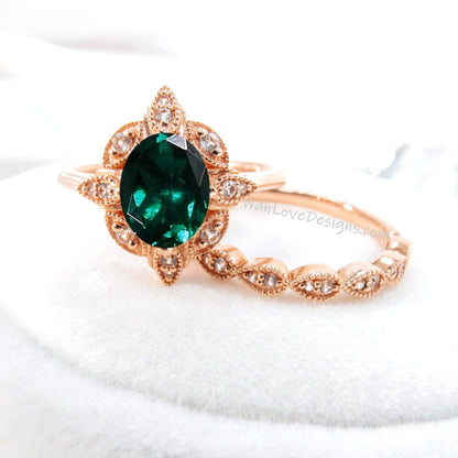 Oval Emerald engagement ring set Rose gold Halo vintage engagement ring Pear Half eternity Diamond ring Bridal Anniversary gift Wan Love Designs