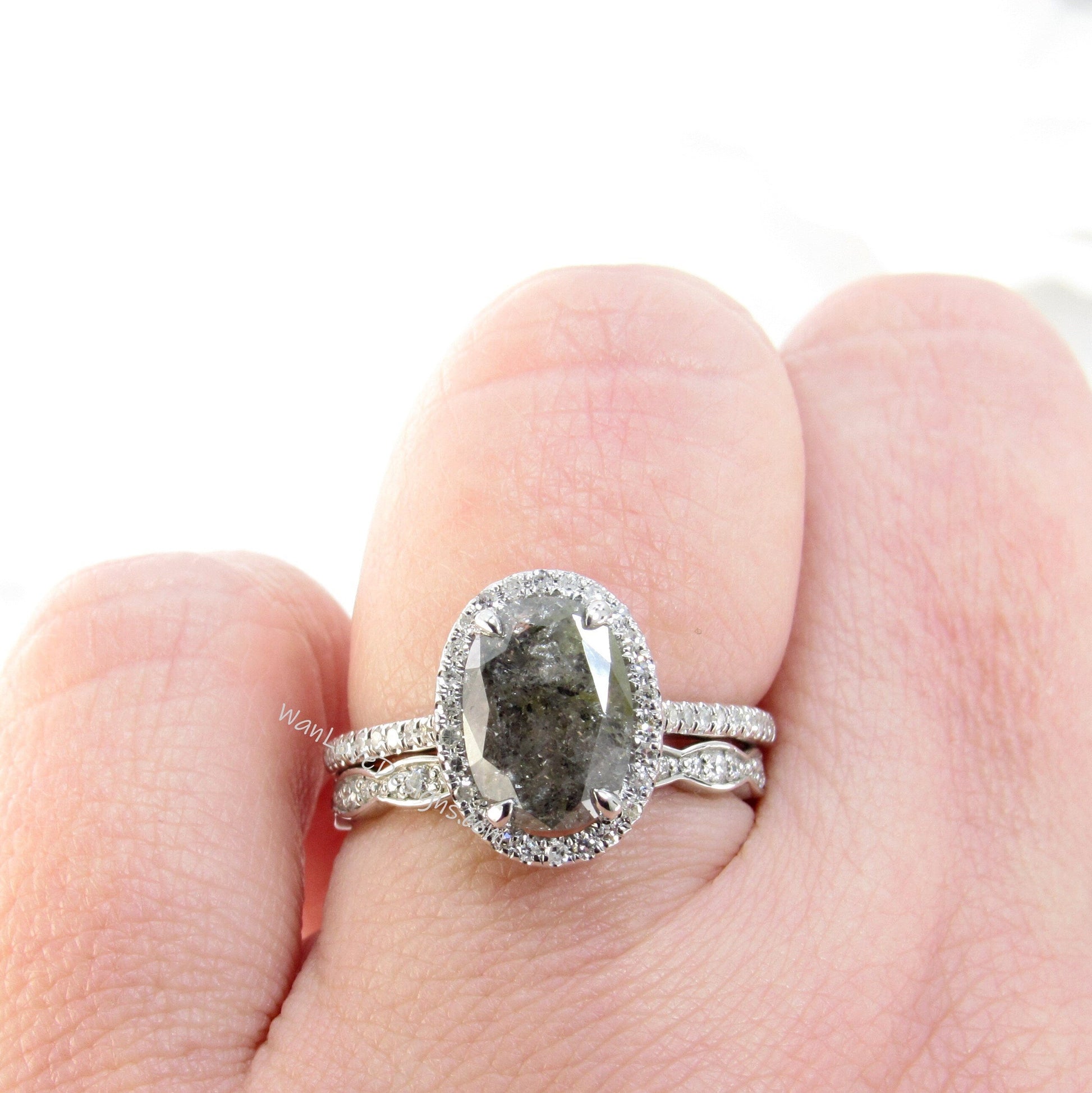 Oval Halo Bridal Set, Art Deco Bridal Rings, Salt & Pepper Diamon d Engagement Ring, Art Deco Wedding Band, Salt Pepper Diamond Gold Rings Wan Love Designs