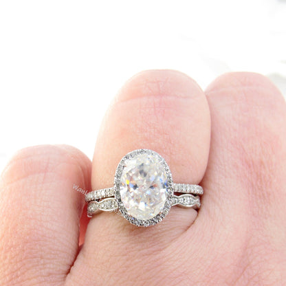 Oval Halo Moissanite & Diamond Halo Engagement Ring Scalloped Wedding band Set Custom-Anniversary-14kt 18kt Gold-Platinum Wan Love Designs