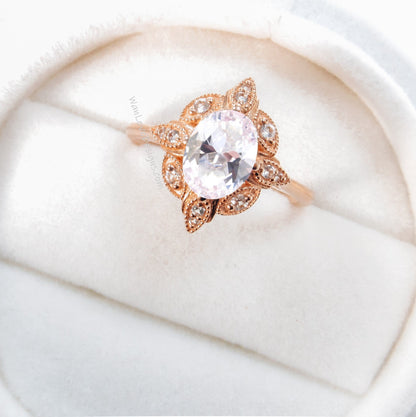 Oval Light Pink Sapphire engagement ring art deco rose gold moissanite diamond anniversary ring vintage halo unique anniversary bridal ring Wan Love Designs