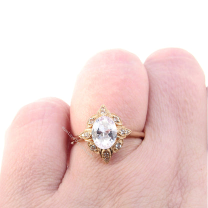 Oval Light Pink Sapphire engagement ring art deco rose gold moissanite diamond anniversary ring vintage halo unique anniversary bridal ring Wan Love Designs