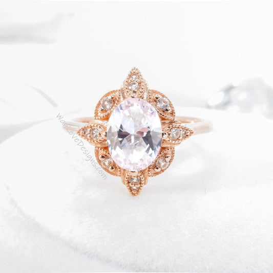 Oval Light Pink Sapphire engagement ring art deco rose gold moissanite diamond anniversary ring vintage halo unique anniversary bridal ring Wan Love Designs