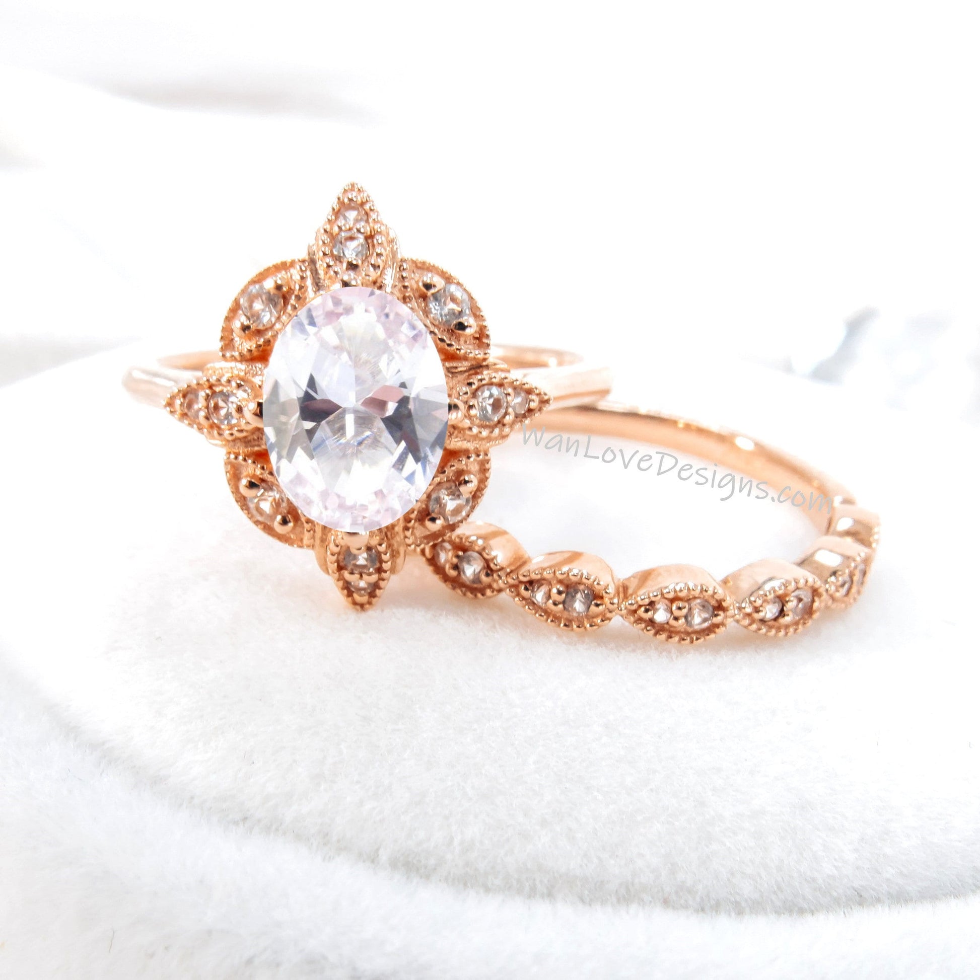Oval Light Pink Sapphire engagement ring set Rose gold Halo vintage engagement ring Pear Half eternity Diamond ring Bridal Anniversary gift Wan Love Designs