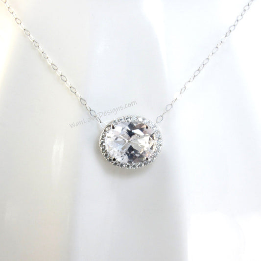 Oval Moissanite Necklace, Oval Diamond Halo Pendant, East West or Vertical charm, Birthstone Choice Womens Necklace, Special Gift For Her. Wan Love Designs