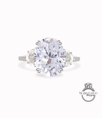 Oval Moissanite diamond engagement ring half moon rose gold art deco diamond three stone ring wedding Bridal ring Anniversary gift Wan Love Designs