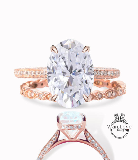 Oval Moissanite engagement ring set Art deco milgrain bridal set rose gold Oval cut diamond side halo antique wedding ring Anniversary ring Wan Love Designs