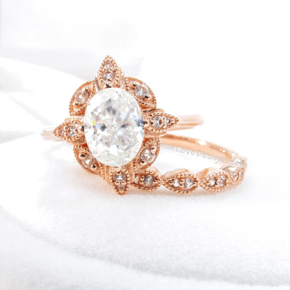 Oval Moissanite engagement ring set Rose gold Halo vintage engagement ring Pear Half eternity Diamond ring Bridal Anniversary gift Wan Love Designs