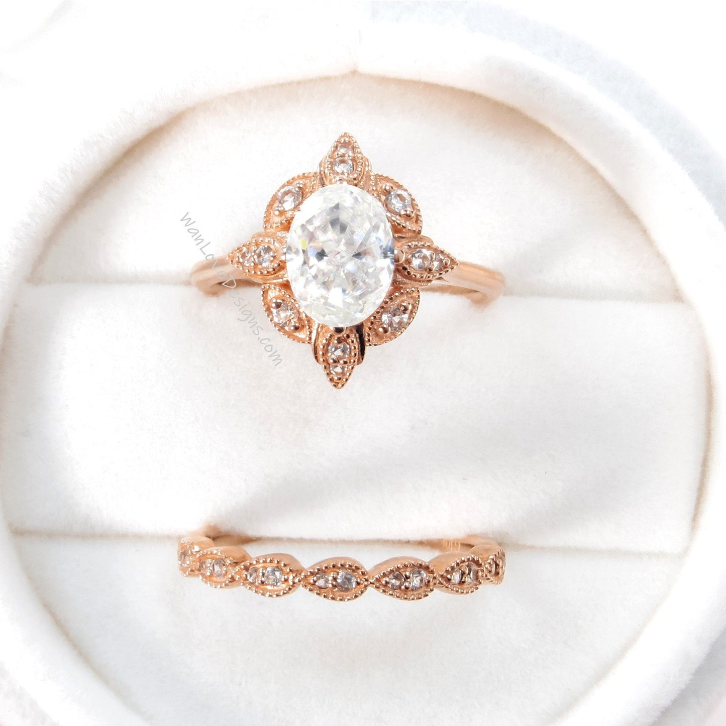 Oval Moissanite engagement ring set Rose gold Halo vintage engagement ring Pear Half eternity Diamond ring Bridal Anniversary gift Wan Love Designs