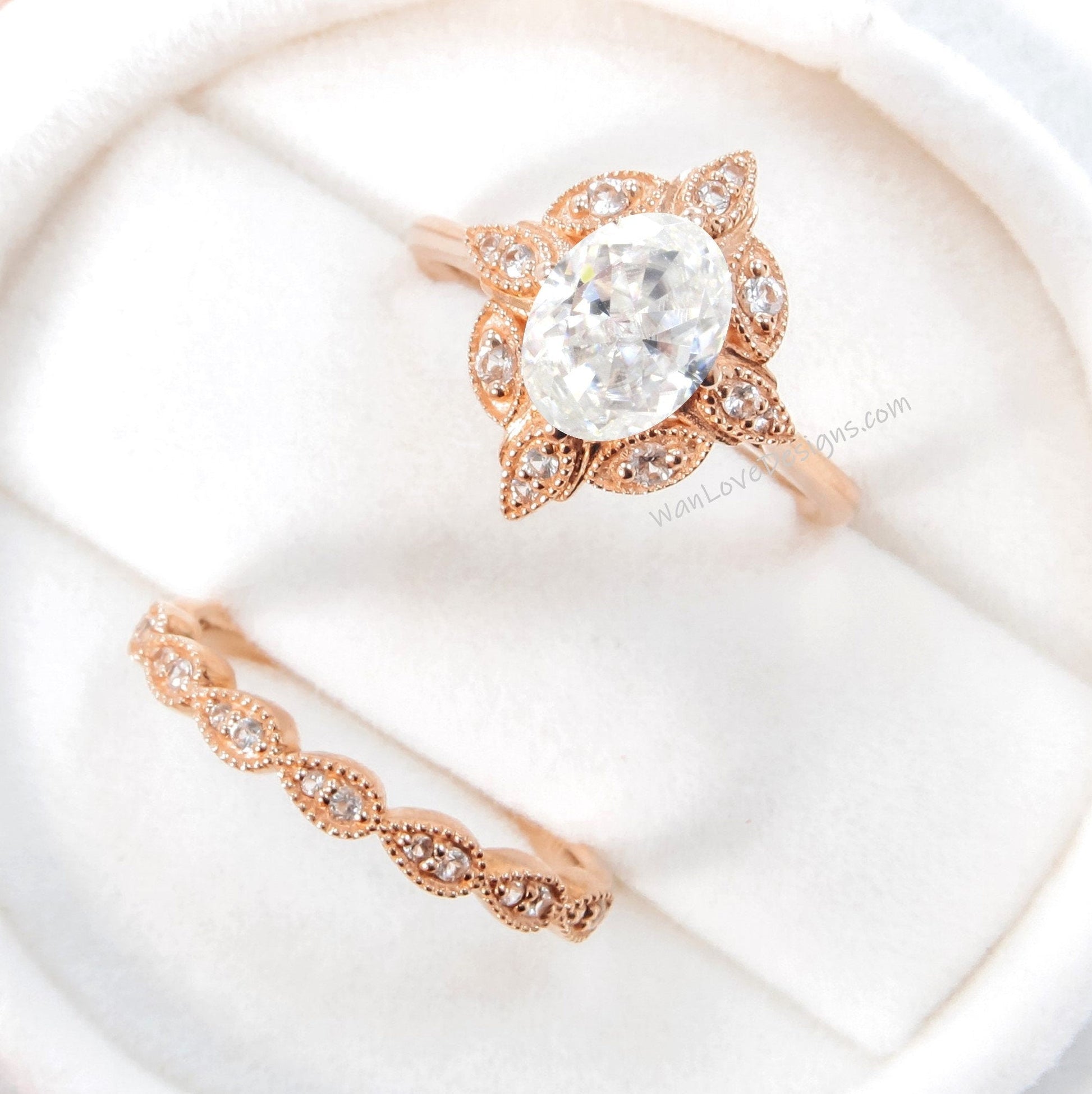 Oval Moissanite engagement ring set Rose gold Halo vintage engagement ring Pear Half eternity Diamond ring Bridal Anniversary gift Wan Love Designs