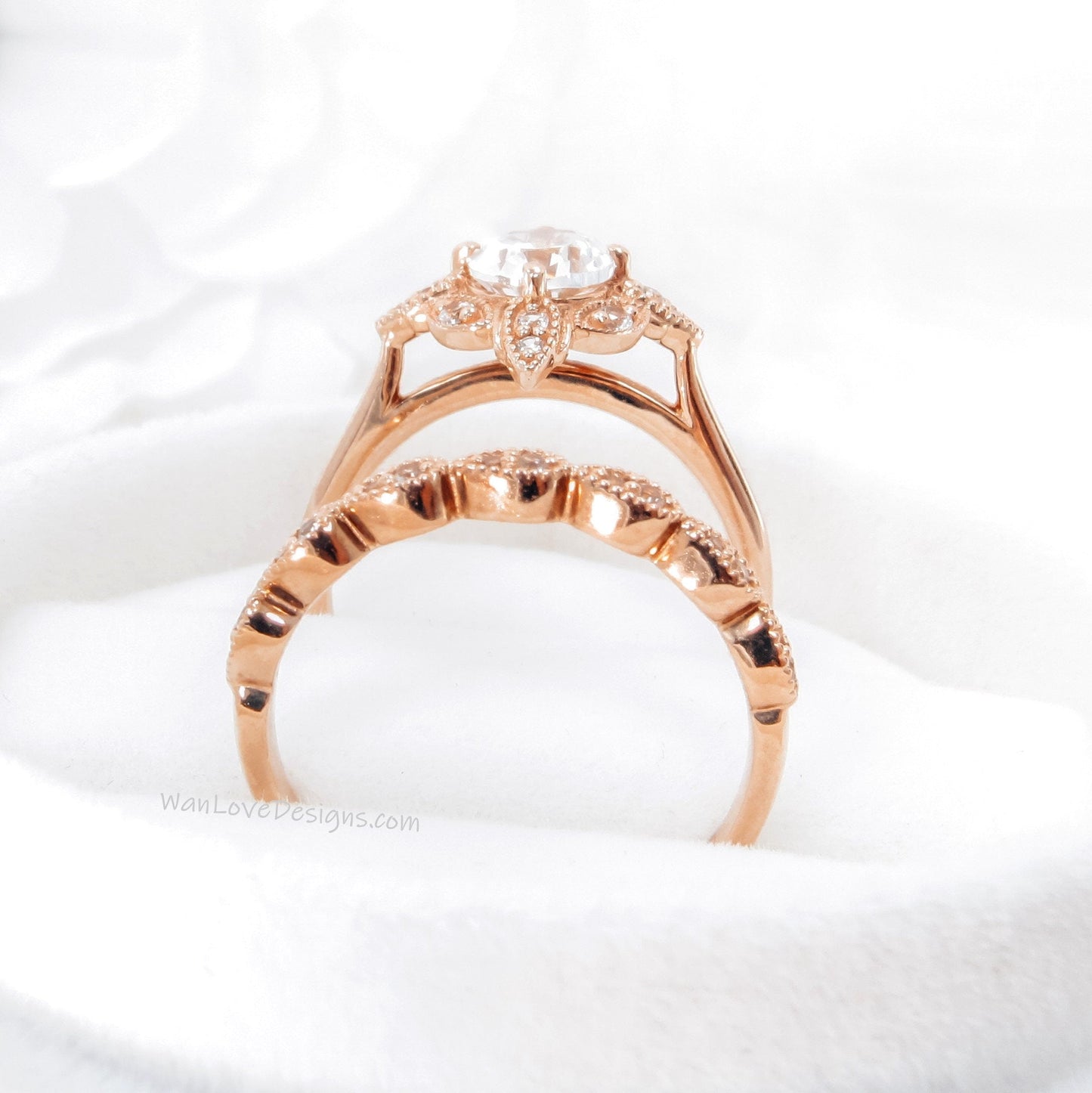 Oval Moissanite engagement ring set Rose gold Halo vintage engagement ring Pear Half eternity Diamond ring Bridal Anniversary gift Wan Love Designs