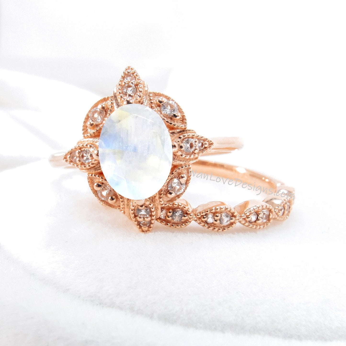 Oval Moonstone engagement ring set Rose gold Halo vintage engagement ring Pear Half eternity Diamond ring Bridal Anniversary gift Wan Love Designs