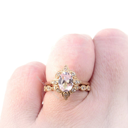 Oval Peach Sapphire engagement ring set Rose gold Halo vintage engagement ring Pear Half eternity Diamond ring Bridal Anniversary gift Wan Love Designs