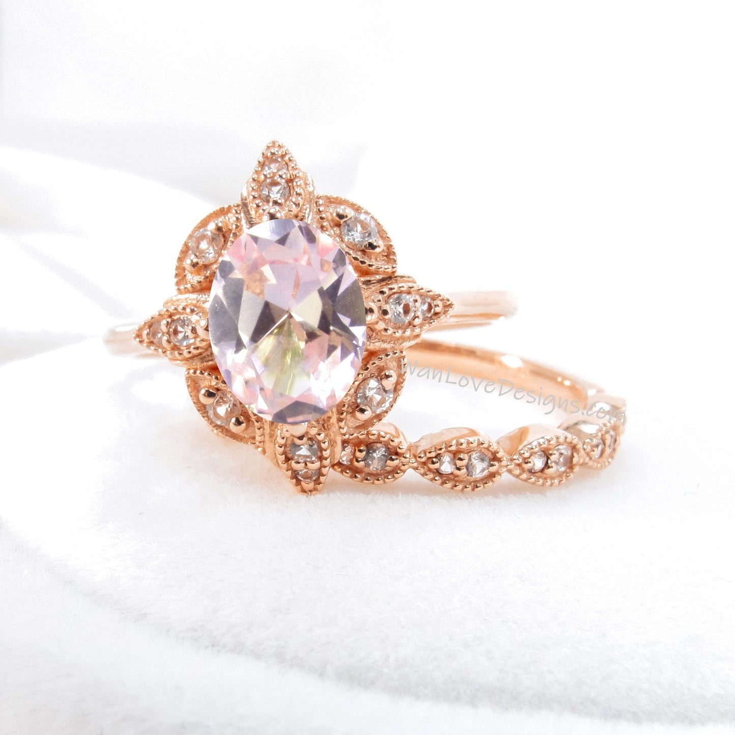 Oval Peach Sapphire engagement ring set Rose gold Halo vintage engagement ring Pear Half eternity Diamond ring Bridal Anniversary gift Wan Love Designs