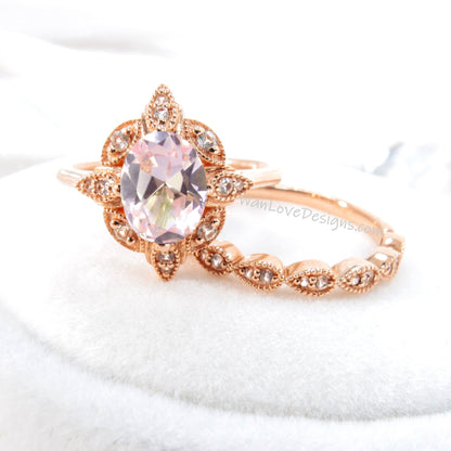 Oval Peach Sapphire engagement ring set Rose gold Halo vintage engagement ring Pear Half eternity Diamond ring Bridal Anniversary gift Wan Love Designs