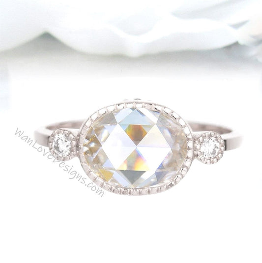 Oval Rose Cut OEC Moissanite Milgrain Bezel Engagement Ring Smooth Shank/Wedding-Anniversary Gift-Promise Bridal Ring Wan Love Designs
