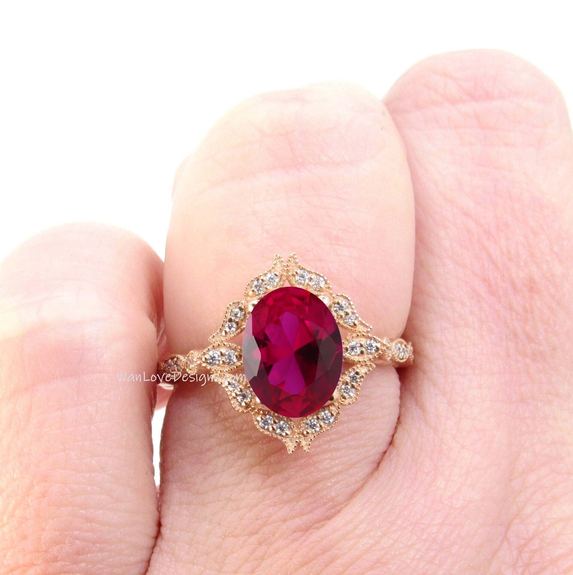 Oval Ruby Diamond Ring, Art Deco Ruby Floral Diamond Ring, Ruby Milgrain Ring vintage rose gold Engagement Ring promise anniversary ring Wan Love Designs