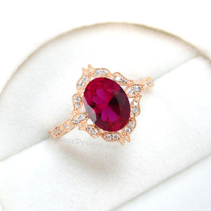 Oval Ruby Diamond Ring, Art Deco Ruby Floral Diamond Ring, Ruby Milgrain Ring vintage rose gold Engagement Ring promise anniversary ring Wan Love Designs