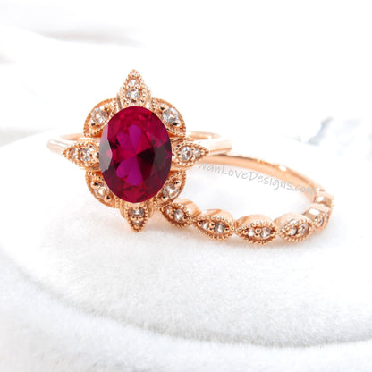 Oval Ruby engagement ring set Rose gold Halo vintage engagement ring Pear Half eternity Diamond ring Bridal Anniversary gift Wan Love Designs