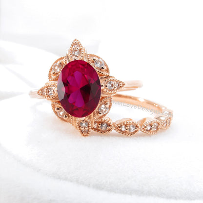 Oval Ruby engagement ring set Rose gold Halo vintage engagement ring Pear Half eternity Diamond ring Bridal Anniversary gift Wan Love Designs