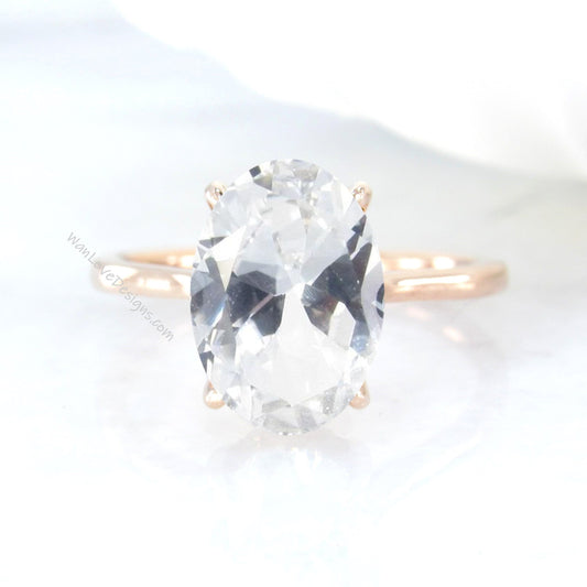 Oval White Sapphire Solitaire Engagement Ring, 14k 18k White Yellow Rose Gold-Platinum-Custom made-Wedding-Anniversary, Promise Wan Love Designs