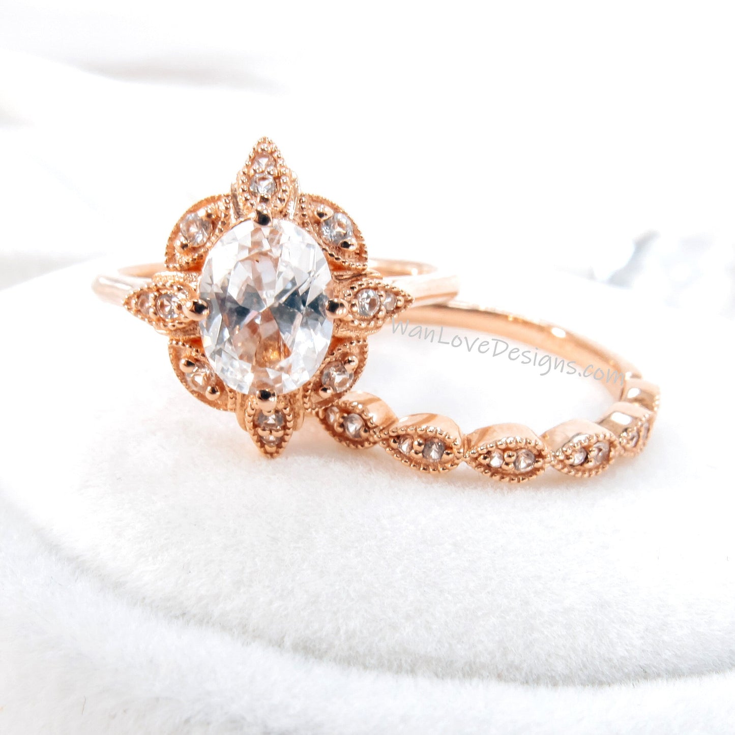 Oval White Sapphire engagement ring set Rose gold Halo vintage engagement ring Pear Half eternity Diamond ring Bridal Anniversary gift Wan Love Designs