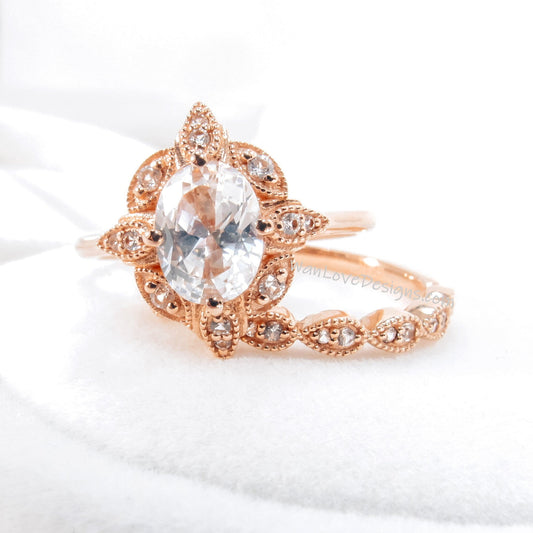 Oval White Sapphire engagement ring set Rose gold Halo vintage engagement ring Pear Half eternity Diamond ring Bridal Anniversary gift Wan Love Designs